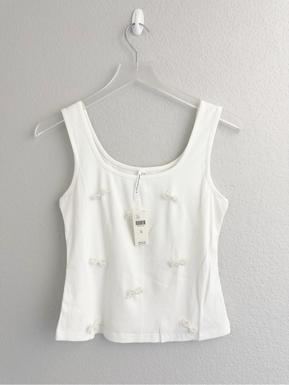 Anthropologie Ivory White Pearl Bow Ribbed Tank - Picture 2 of 7